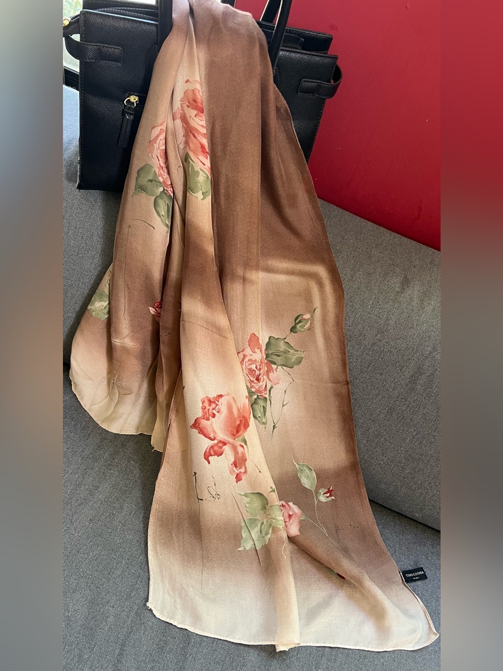 Tino Cosma Milano Vintage Rose Silk Scarf Brown Floral Oblong Luxury NeckWear 68